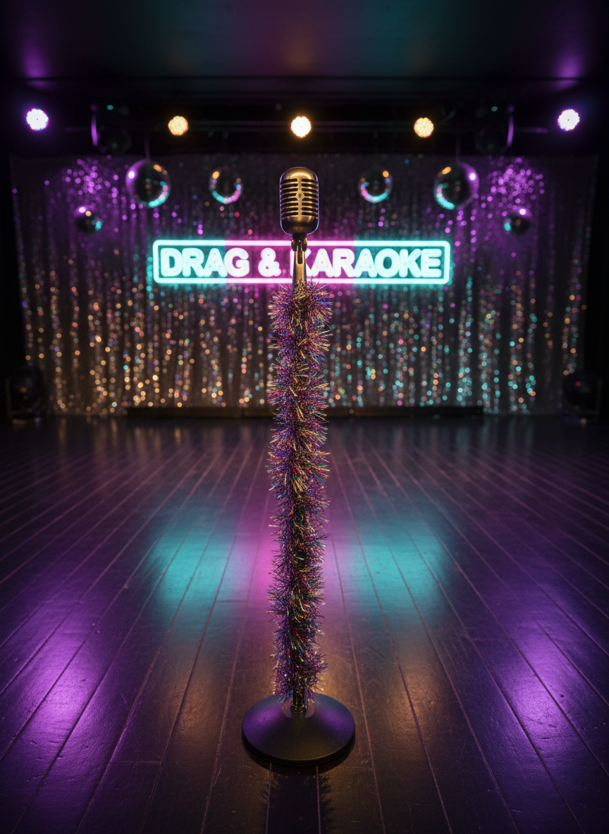 A glittering stage in a cozy entertainment venue, with a gleaming silver microphone on a chrome stand as the central focus, wrapped in a sparkling rainbow tinsel boa. The stage floor is polished black wood reflecting colorful LED spotlights in pink, teal, and purple. Sequined curtains frame the background, subtly out of focus, along with blurred shapes of disco balls and neon signs. Warm, dramatic stage lighting creates bright highlights on the metal microphone and tinsel, with soft shadows stretching across the floor. Photographed at eye level with a shallow depth of field, the composition feels playful, energetic, and welcoming, in vibrant, photographic realism that suggests drag, karaoke, and live performances without showing any people.