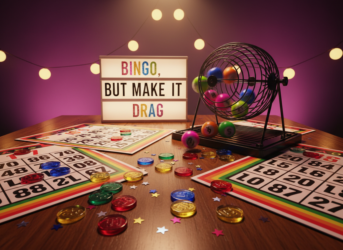 A whimsical drag bingo scene arranged on a polished wood table: oversized bingo cards printed with bold rainbow borders, translucent multicolored bingo chips scattered playfully, and a glossy black bingo cage filled with bright numbered balls mid-spin, slightly motion-blurred. Nearby, a small tabletop marquee sign glows softly with the cheeky phrase “Bingo, but make it drag.” Festoon lights and tiny star-shaped confetti enhance the playful chaos. The lighting is warm and theatrical, with pink and purple uplights from the side and a soft overhead spotlight creating gentle shadows. Captured at a slightly low angle in photographic realism, the composition is vibrant, colorful, and energetic, evoking a lively drag bingo night without any people visible.