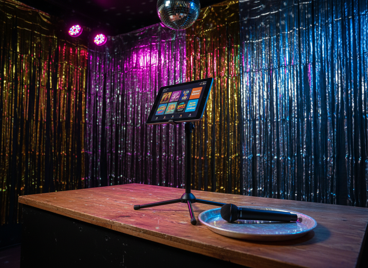 A vibrant karaoke setup on a small rustic stage, featuring a sleek modern tablet displaying a colorful karaoke song list, propped on a black metal stand next to a wireless microphone resting on a bright, iridescent tray. The wooden stage floor shows subtle wear, hinting at years of performances. Behind, a curtain of shimmering metallic streamers glows under rotating magenta and electric blue spotlights, with a disco ball hanging above, casting scattered light patterns. Photographed in photographic realism from a three-quarter angle, the scene is sharply focused in the foreground with a slightly softened background. The mood is fun, inviting, and a bit glamorous, blending the cozy charm of a small venue with the bold energy of drag and late-night singalongs.