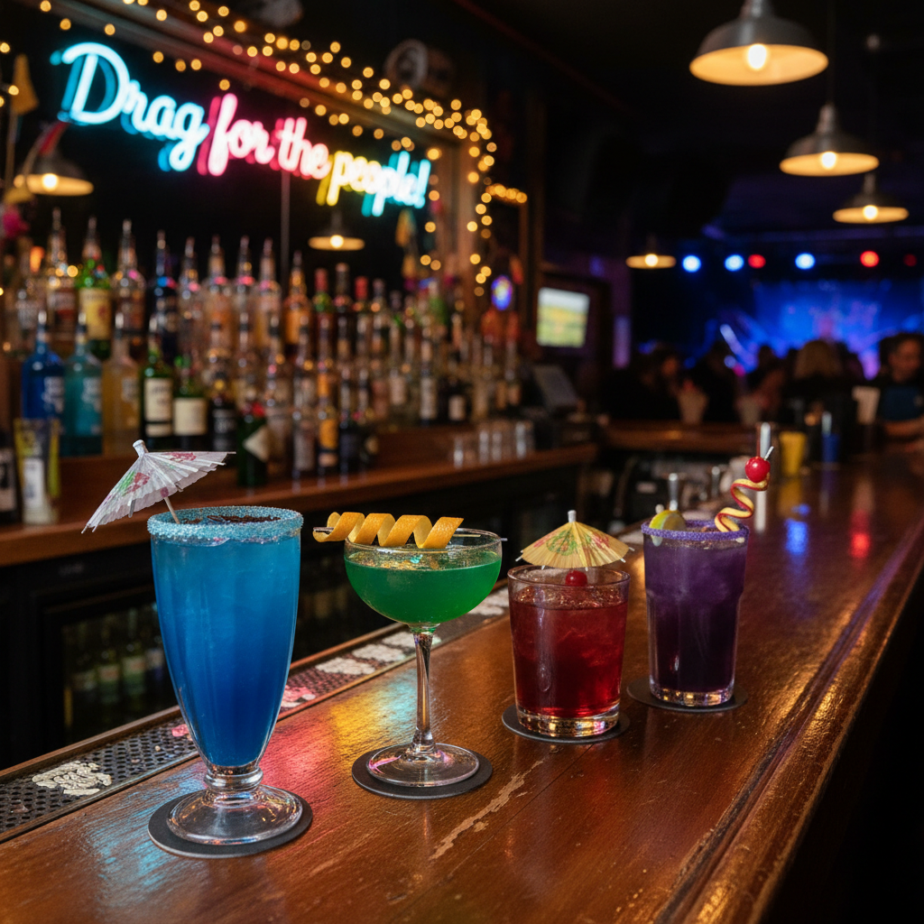 An eclectic bar counter in a New England venue, featuring a lineup of jewel-toned cocktails and mocktails in different glass shapes, each topped with whimsical garnishes like rainbow sugar rims, tiny metallic umbrellas, and citrus twists. Behind the counter, shelves of colorful bottles and a softly glowing neon sign reading “Drag for the people!” are tastefully blurred. Overhead string lights and warm pendant lamps cast a golden glow, creating sparkling reflections on the glossy bar surface. Shot from a slightly elevated angle in photographic realism, the composition uses the rule of thirds, with sharp focus on the closest drink and gentle bokeh in the background, conveying a lively, playful, celebratory atmosphere suited to drag nights and live entertainment in Maine and New Hampshire.