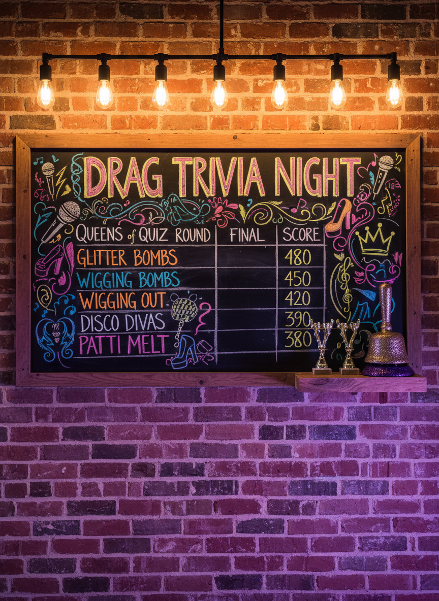 A dramatic trivia night scoreboard chalkboard mounted on an exposed brick wall, filled with colorful hand-lettered team names and quirky doodles of microphones, musical notes, and high heels in neon chalk hues. A small cluster of metallic trophies and a glitter-covered bell sit on a nearby reclaimed-wood ledge, catching glints of light. Overhead, Edison bulbs in black metal fixtures emit a warm amber glow, contrasted by subtle purple uplighting from below, creating dynamic shadows on the brick texture. Photographed straight-on in photographic realism with sharp focus across the frame, the mood is playful and competitive, suggesting a themed drag trivia event in a stylish Maine or New Hampshire venue while keeping the scene people-free.